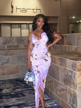 Fashion Nova Lavender Floral Ruffle Cutout Maxi Dress